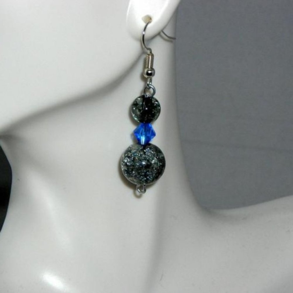 ❤️ NEW Designs by Suni Earrings Smokey Crackle with Blue Crystal Wire Wrap